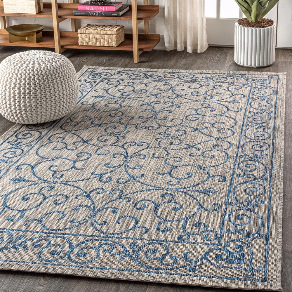 9' X 12' Charleston Vintage Filigree Textured Weave Indoor/Outdoor Area Rug, Gray/Navy - JONATHAN Y