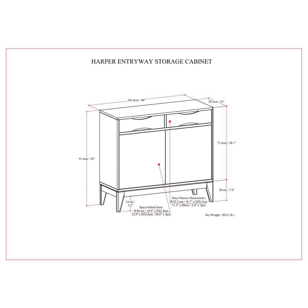 Simpli Home Harper 40"W Solid Wood 2-Shelf Mid-Century Modern Entryway Storage Cabinet with 2 Drawers