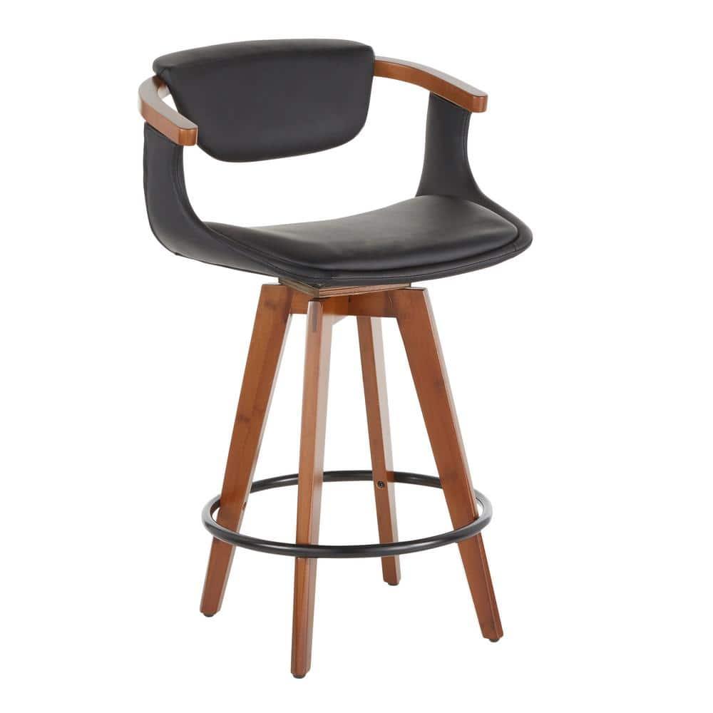 Oracle Mid-Century Modern Counter Height Barstool: Walnut, Faux Leather, Swivel - LumiSource