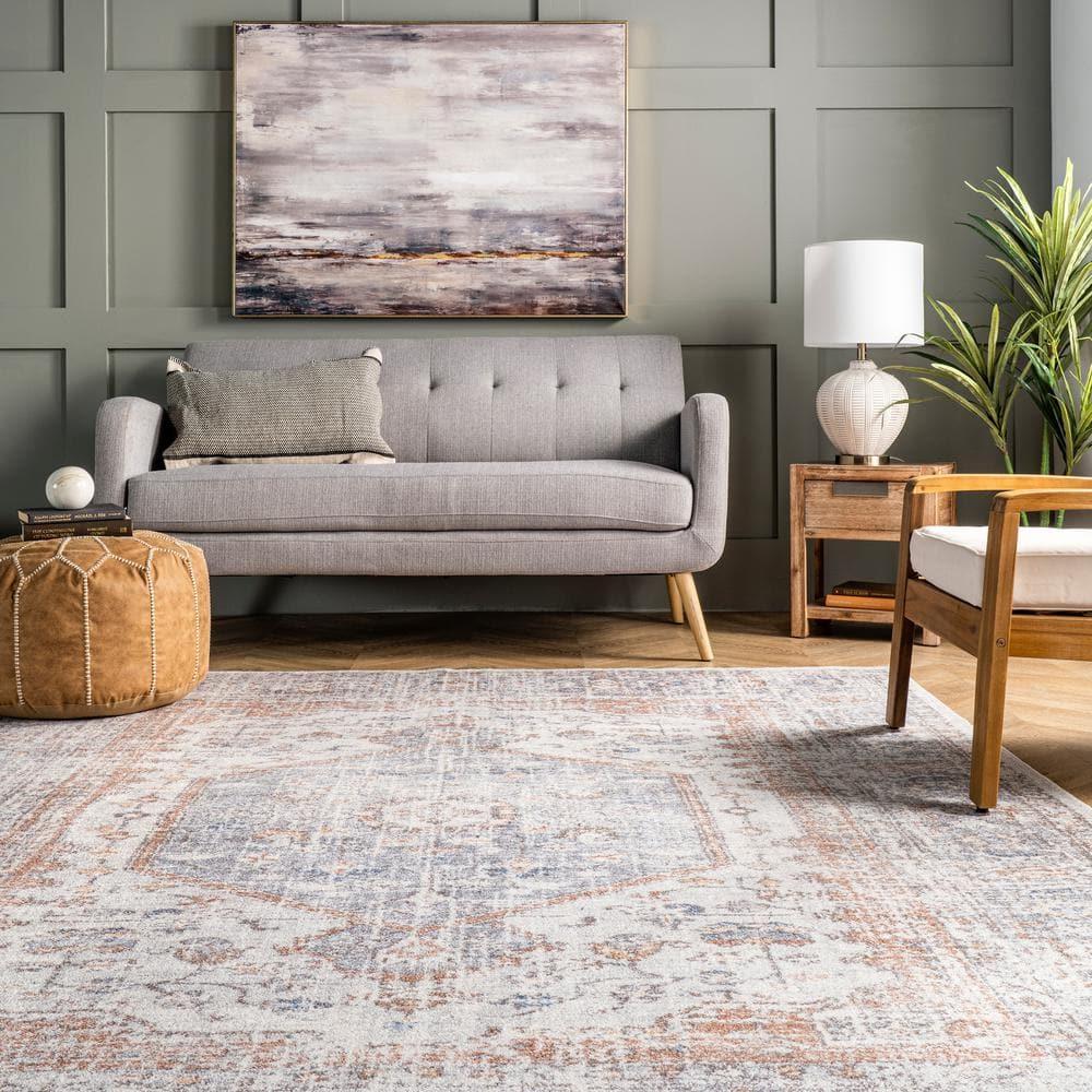 Nuloom 8x10 Machine Washable Rain Haven Vintage Medallion Indoor Area Rug, Light Grey Non-Slip Backing, Stain Resistant,  BedroomLiving Room, Kitchen