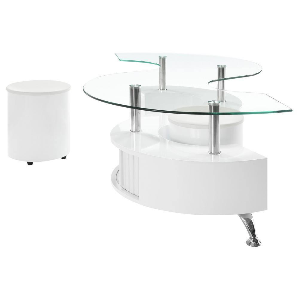 Coaster Buckley Wood Curved Glass Top Coffee Table With Stools in White