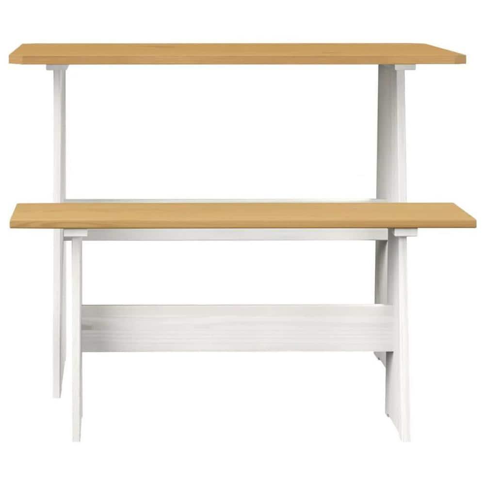 Urban Home Furniture Chapman 3 Piece Casual Dining 2-Tone Natural/White Solid Pine Wood Kitchen Table Set with 2 Benches, Kitchen Dining Set