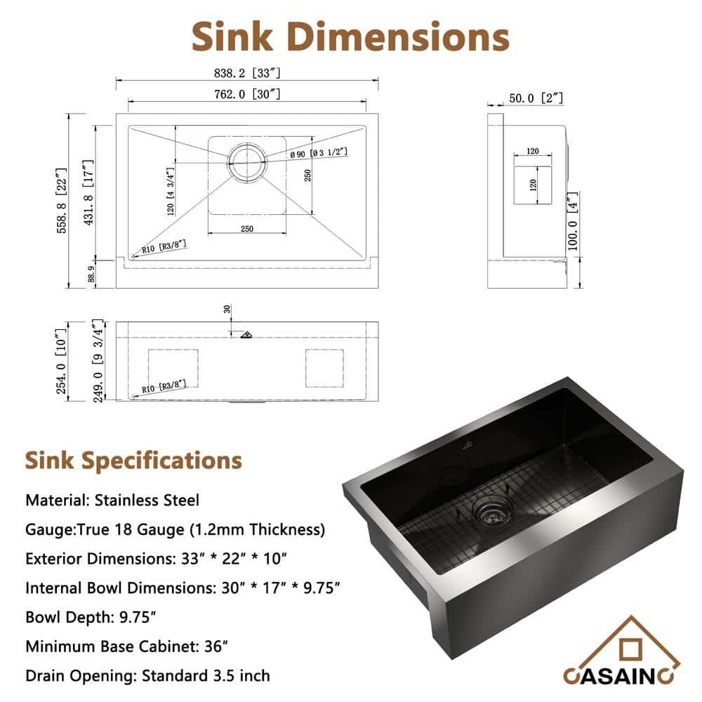 33" L x 22" W Farmhouse Kitchen Sink with Faucet, Stainless Steel Grid