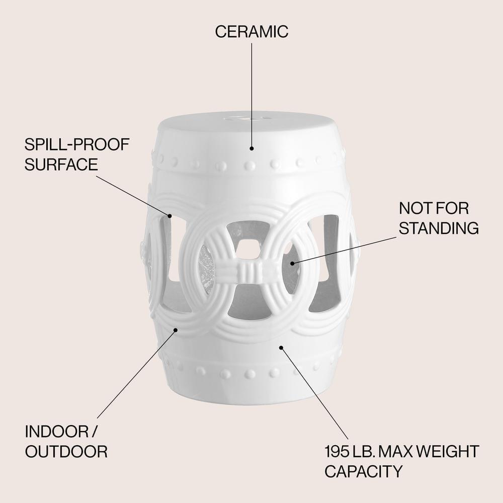 Lucky Coins 16" Eastern-Inspired Ceramic Drum Garden Stool, White - JONATHAN Y