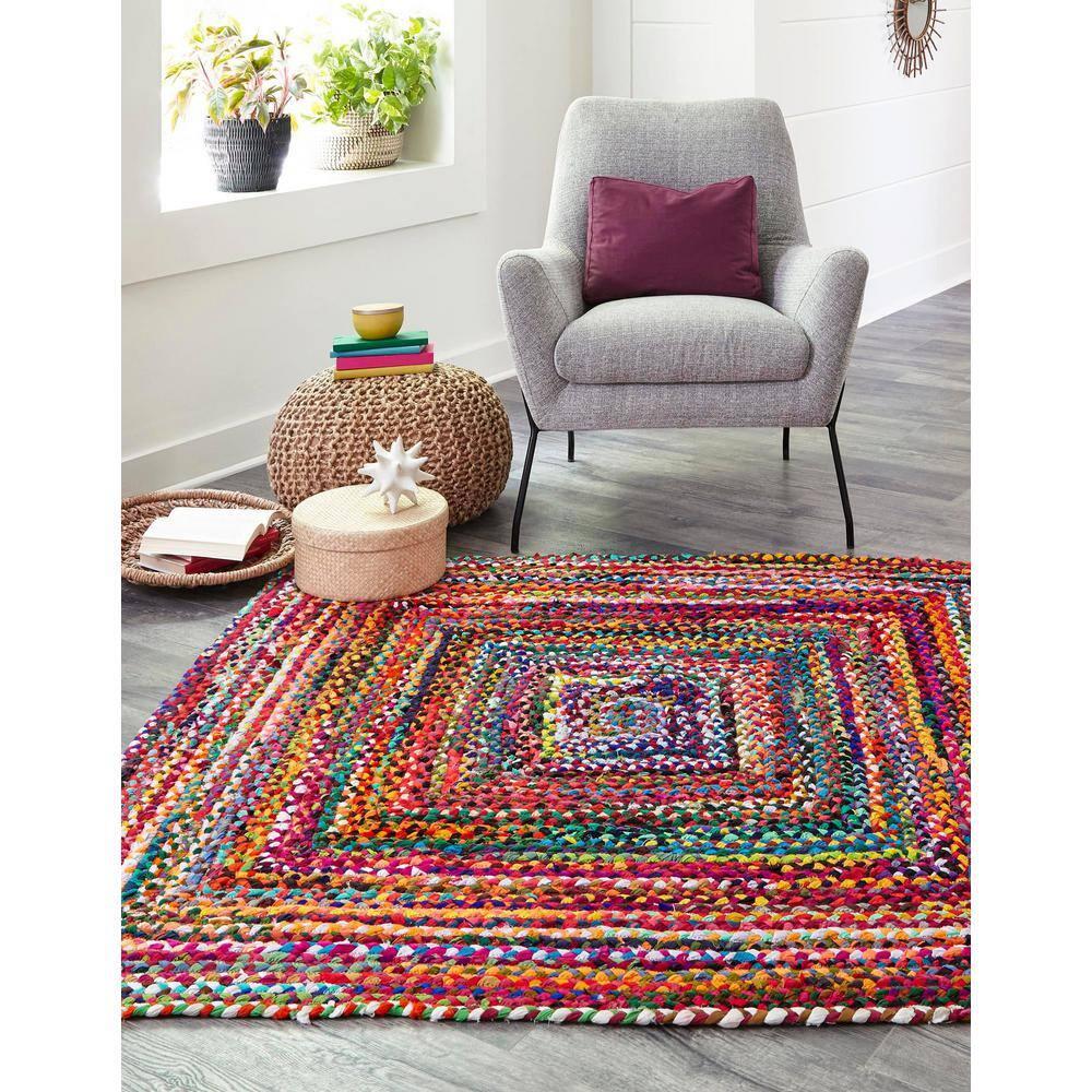 Unique Loom Braided Chindi Collection Area Rug - Layer (10'  Square Multi/Blue)