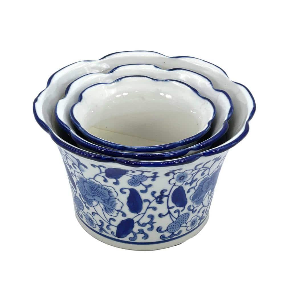 Set of 3 Blue & White Floral Ceramic Pots Ruffled Lip