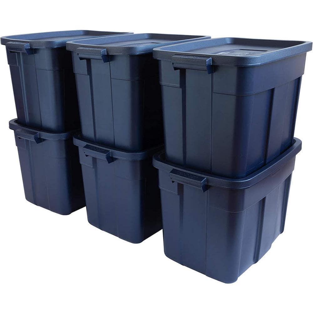 Rubbermaid Roughneck 18 Gallon Rugged Stackable Storage Tote with Lid and Handles for Home Usage, Dark Indigo Metallic, 6 Pack