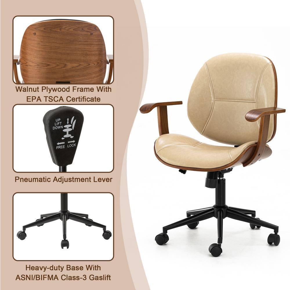 Glitzhome Leather Home Office Chair with Arm, Mid-Back Adjustable Executive Swivel Desk Task Chair,Beige