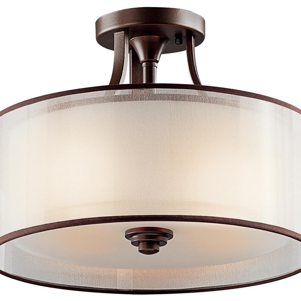 Lacey 15" 3 Light Semi Flush with Satin Etched Cased Opal Inner Diffusers and White Translucent Organza Outer Shade in Antique Pewter