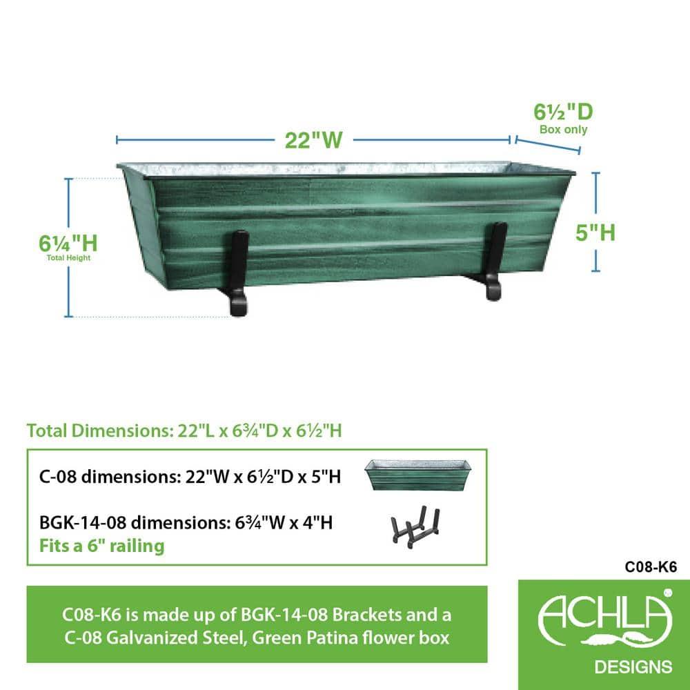 Small Galvanized Metal Rectangular Planter Box with Brackets for 2" x 6" Railings Green Patina - ACHLA Designs: Wrought Iron, Wall-Mount