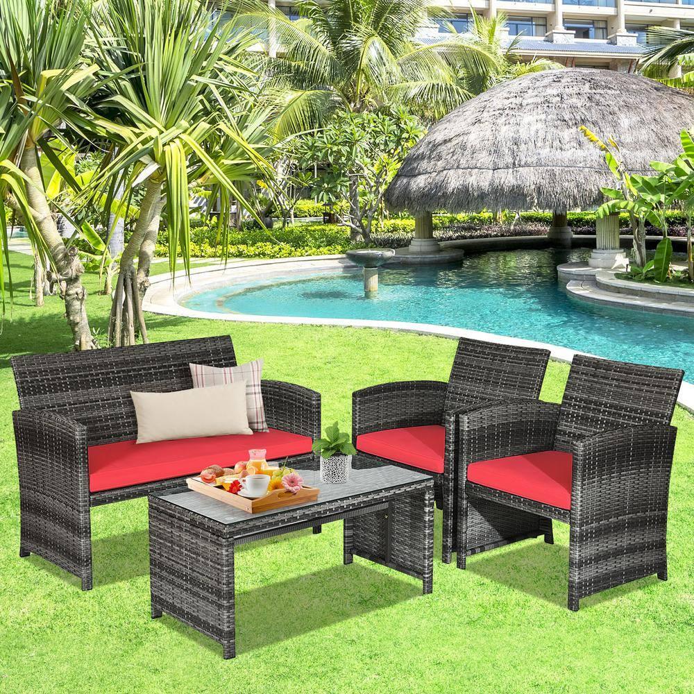 Aimee Lii 4 Pieces Wicker Patio Furniture Set with Cushions, Wicker Outdoor Sectional, Red