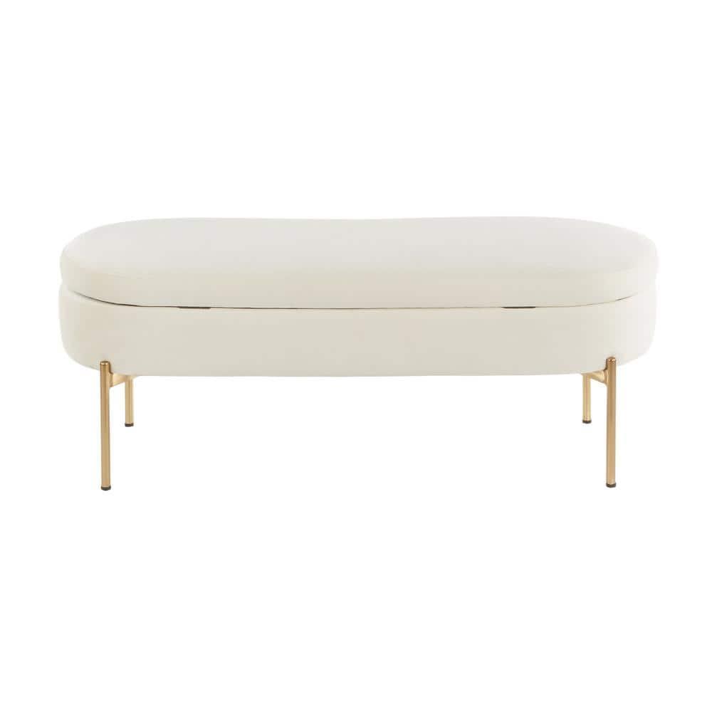 48" Chloe Contemporary Upholstered Storage Bench Gold/Cream - LumiSource: Velvet Seating, Metal Base