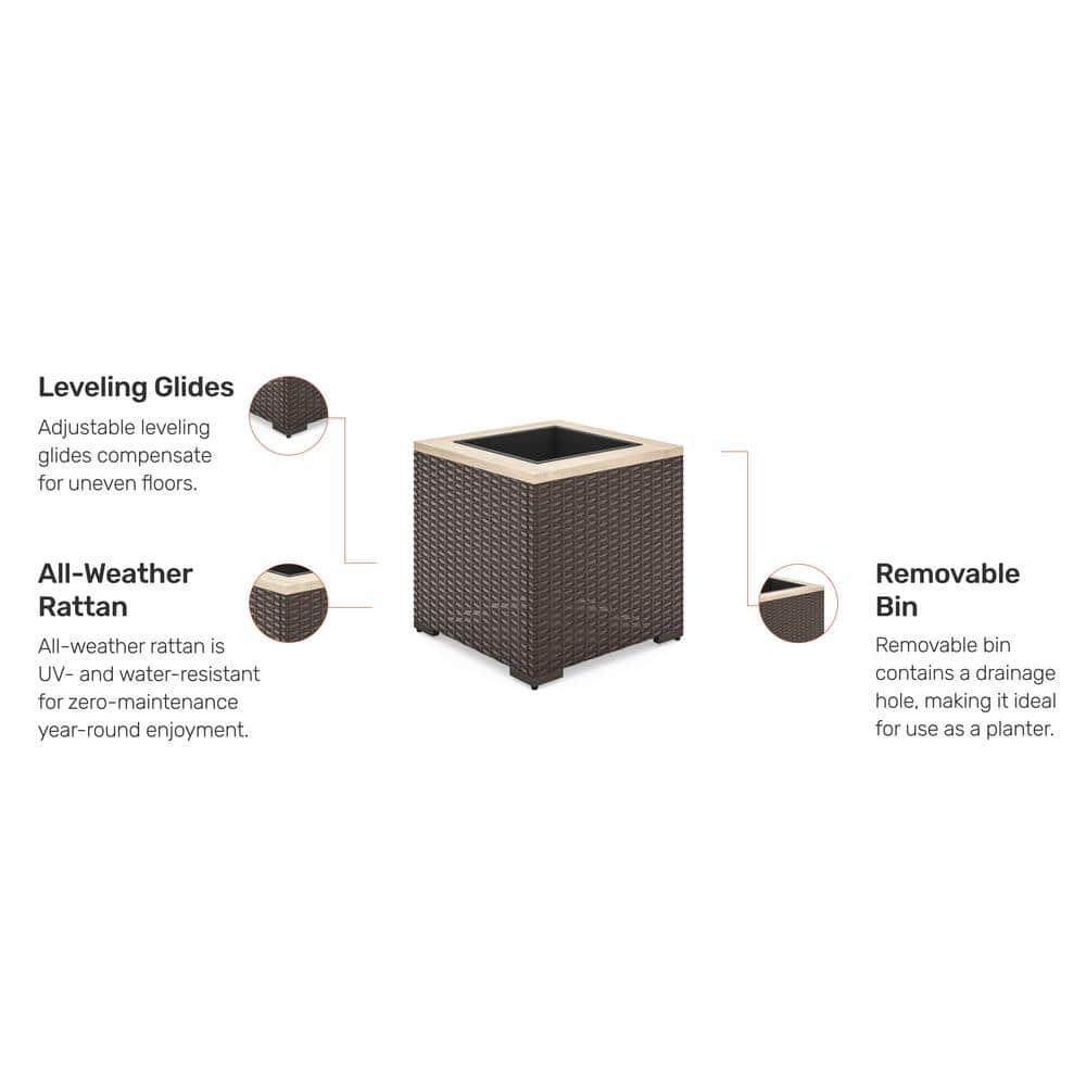 Homestyles Palm Springs Acacia Wood Top and Rattan Outdoor Planter in Dark Brown