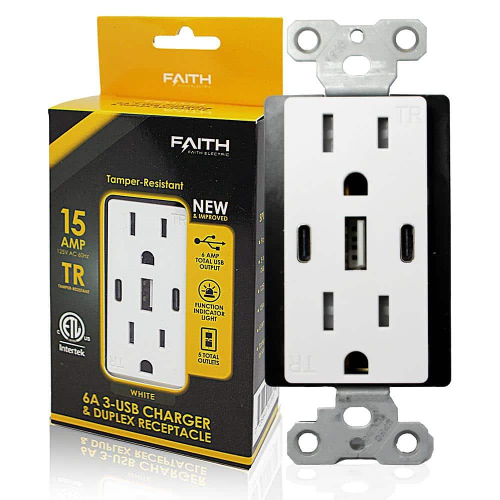 White 15 Amp Tamper Resistant Duplex Outlet with 3 USB Ports