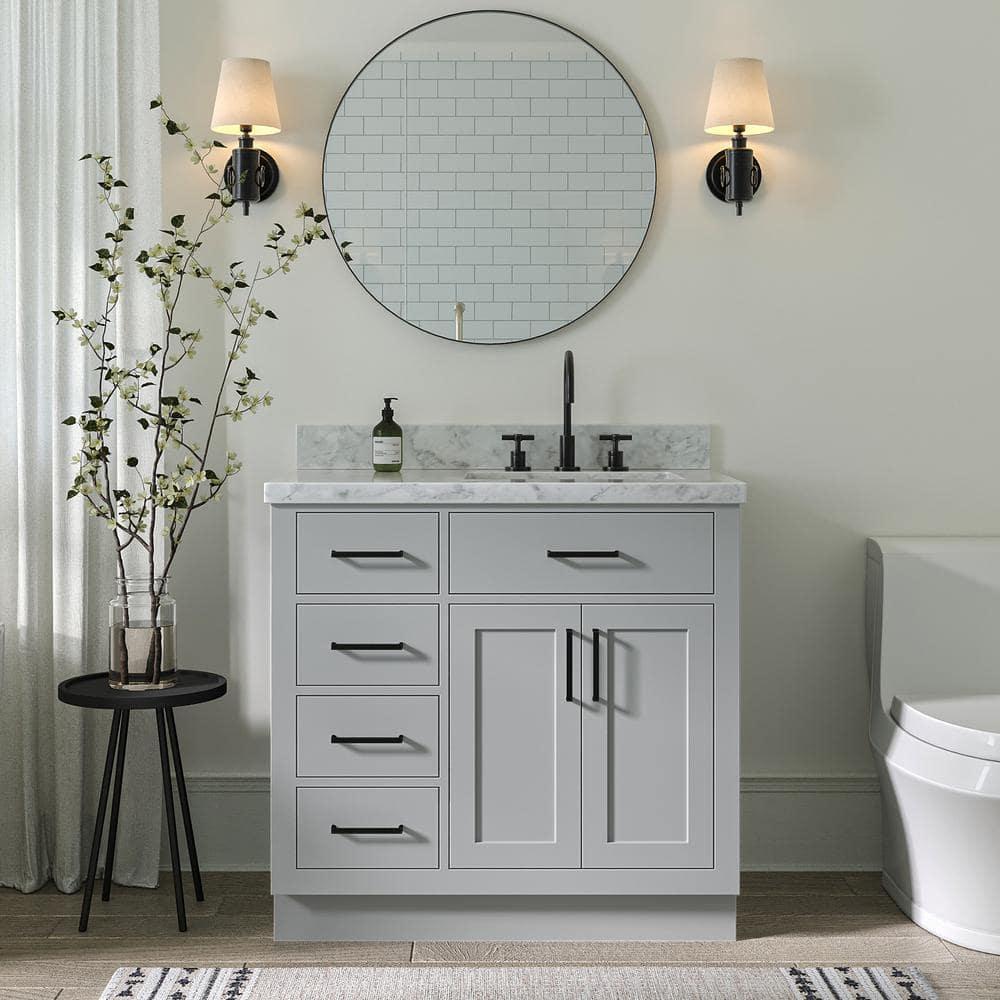 Thornaby 36'' Solid Wood Single Bathroom Vanity with 1.5'' Carrara Quartz Top, Left Offset Oval Sink
