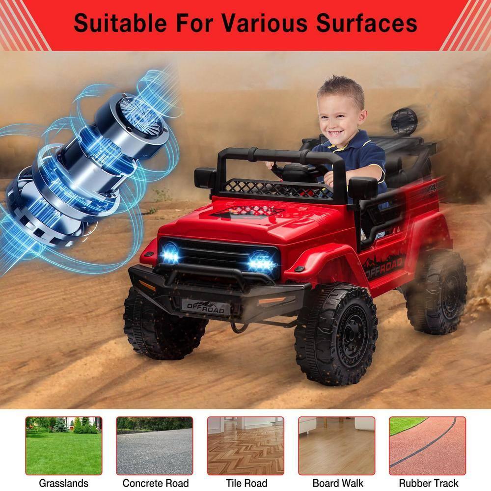 Ride On Truck Car 12V, Electric Vehicle w/Remote Control, 3 Speeds, LED Lights, Music, Spring Suspension, Ride on Car for Kids