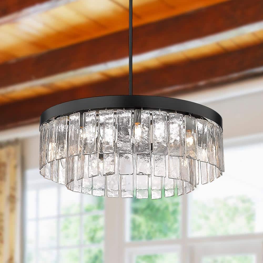 Golden Lighting Ciara 9-Light Chandelier in Matte Black with Hammered Water Glass