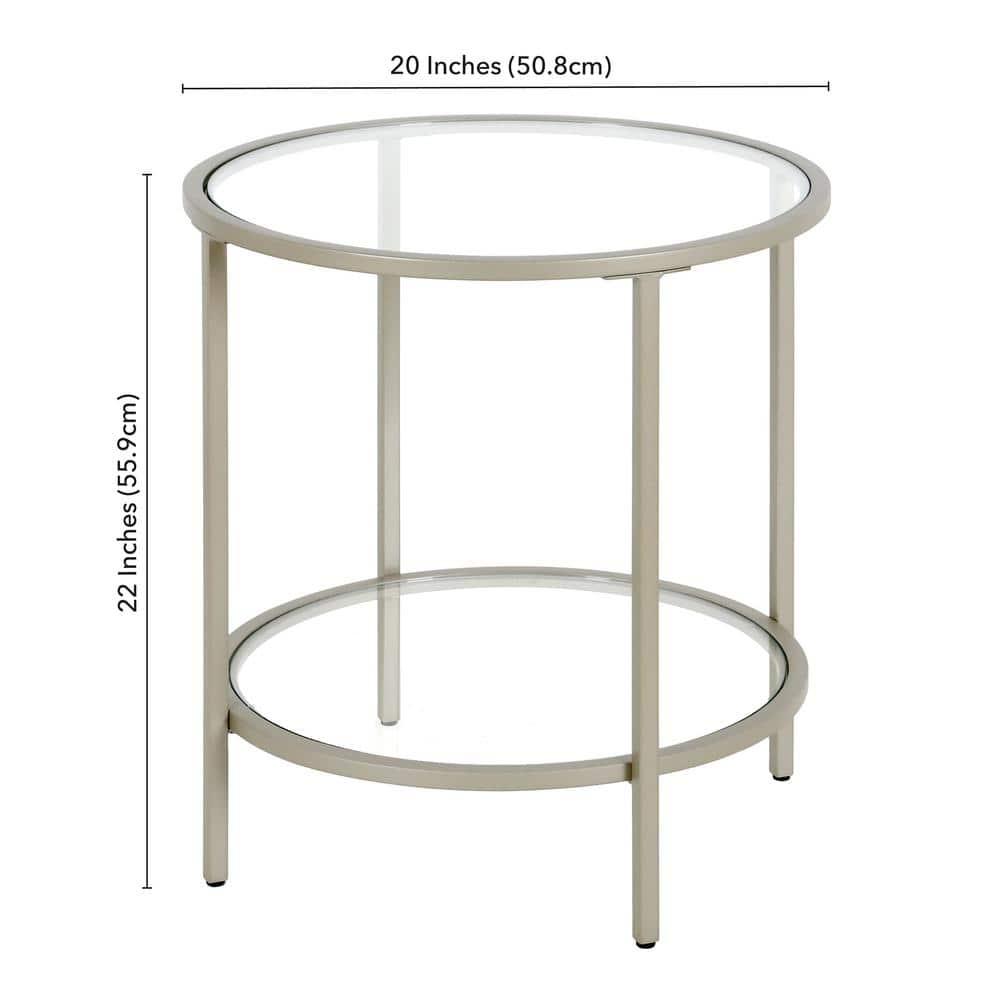 Satin Nickel 20" Round Metal & Glass Side Table with Shelf