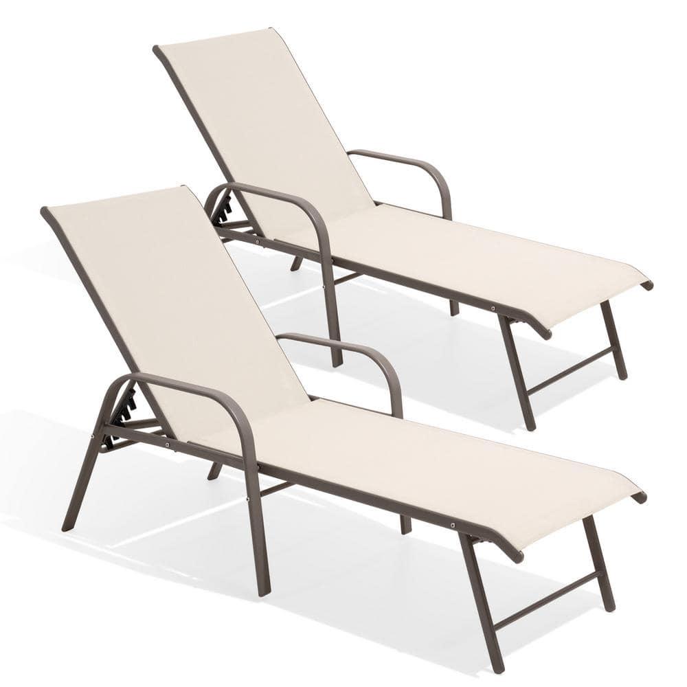 Crestlive Products Set of 2 Aluminum Patio Chaise Lounge Chair Folding Outdoor Recliners, Beige