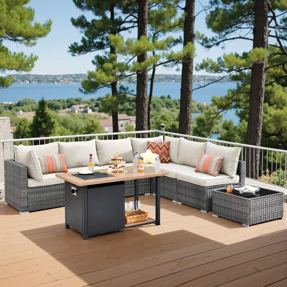 Ovios Venice 8pc Wicker Outdoor Patio Furniture Set Conversation Sofa with a Storage Fire Pit and Navy Blue Cushions
