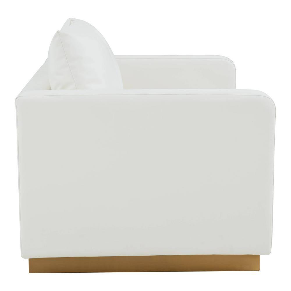 LeisureMod Nervo Mid-Century Modern Upholstered Faux Leather Loveseat with Gold Frame in White