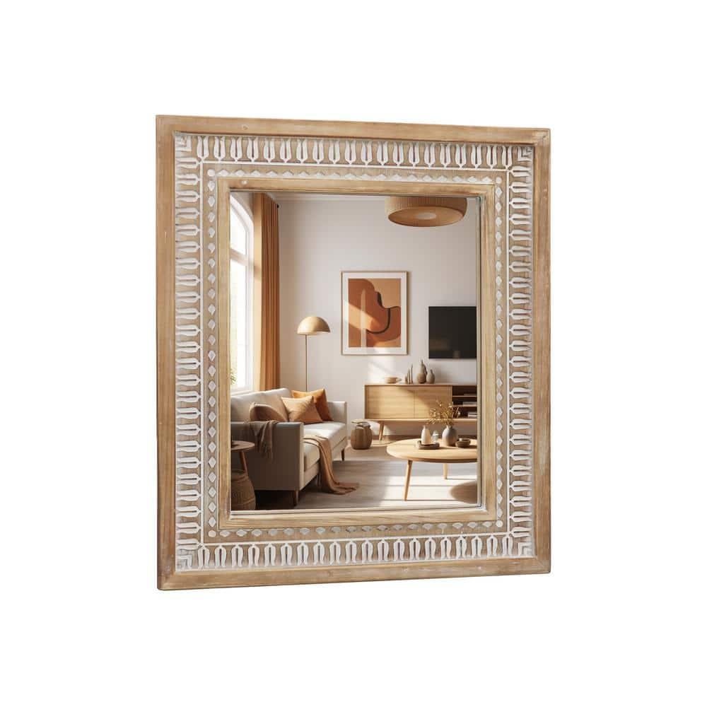 Parisloft Rectangular Carved Wood Wall Mirror - 20 x 23.6 Inches, Farmhouse Wood Mirror for Bathroom, Living Room or Bedroom, Rustic Brown and White