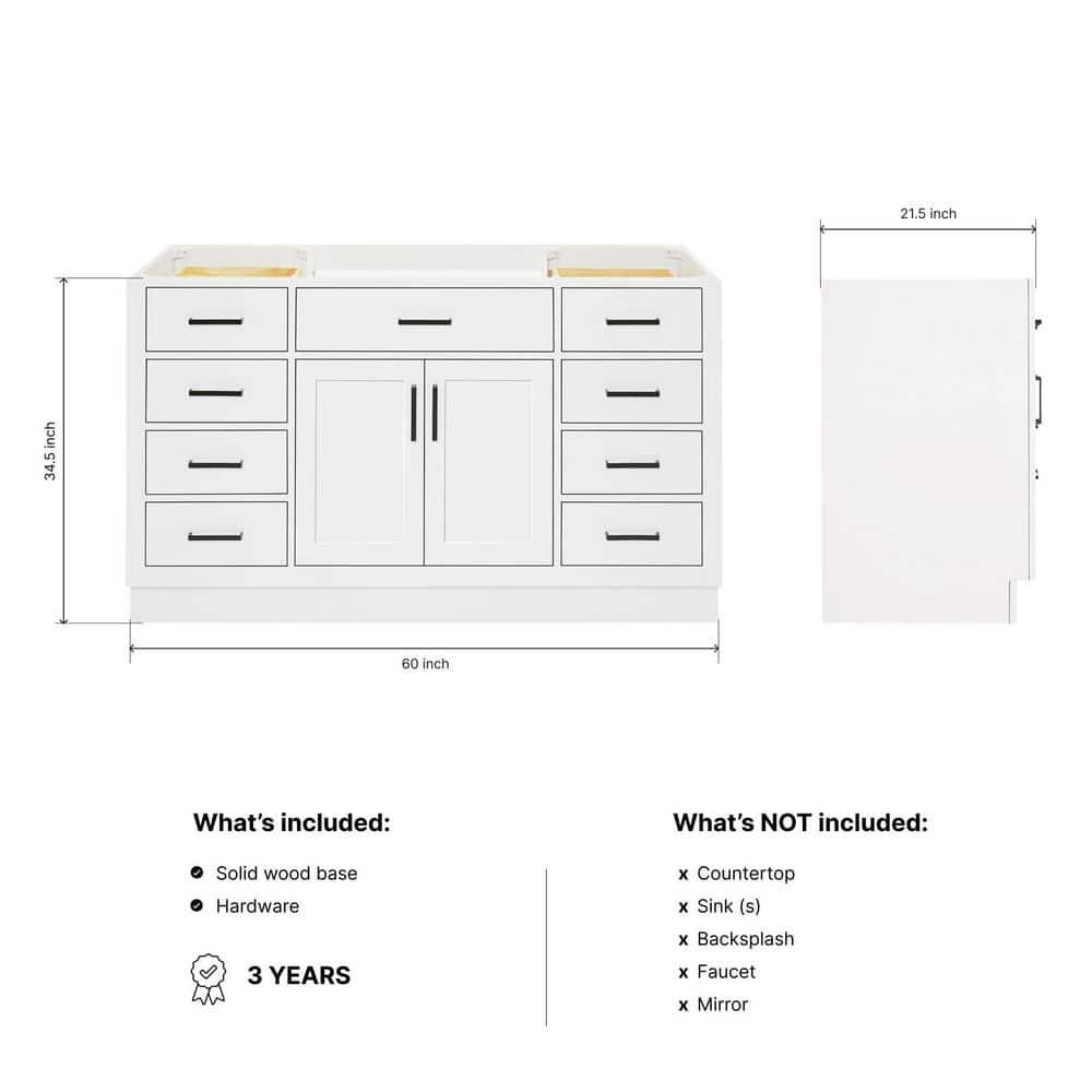 Ariel T060s-Bc Hepburn 60" Single Free Standing Vanity Cabinet Only - White