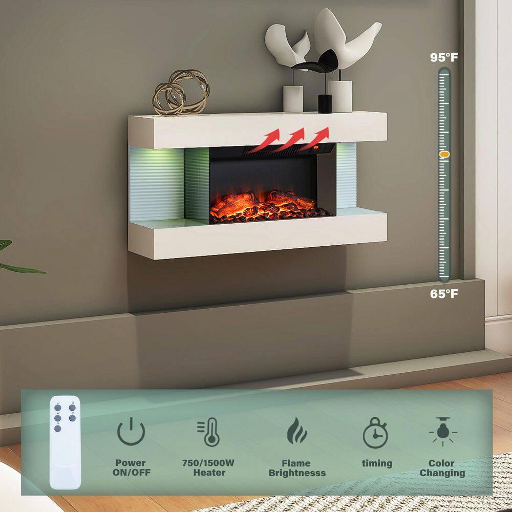 32" White Metal Wall Mounted Electric Fireplace with Remote Control