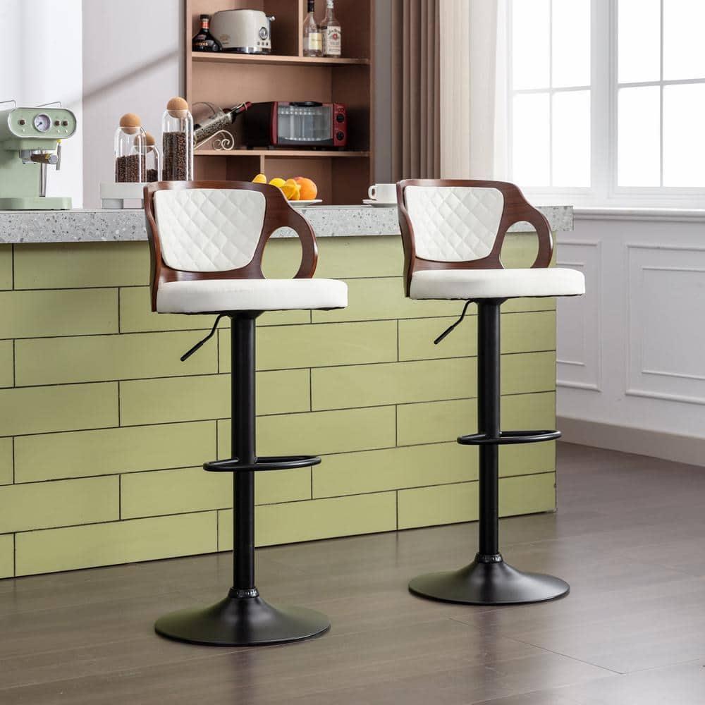 ECOTOUGE Swivel Bar Stools Set of 2, Height Adjustable Island Stools with Bentwood Back, Faux Leather Counter Height Bar Stools for Kitchen, Pub and Cafe, White