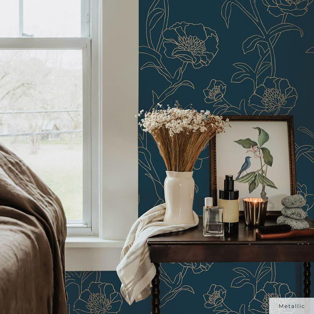 Tempaper & Co.® Peonies Removable Peel and Stick Wallpaper, Peacock Blue and Metallic Gold Floral, 28 sq. ft.: Vinyl Self-Adhesive