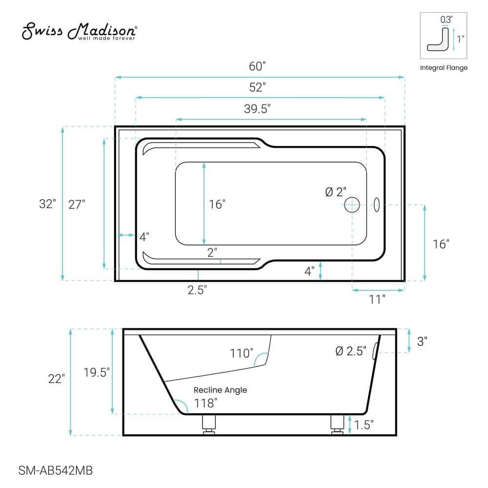 Voltaire 60" x 32" Alcove Bathtub with Apron