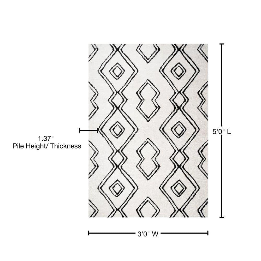 3'x5' Deia Moroccan Style Diamond Shag Area Rug, White/Black - JONATHAN Y