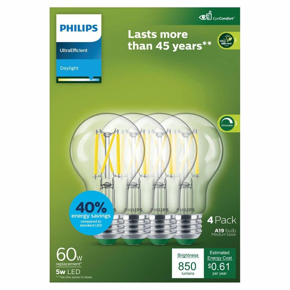 Philips Ultra Efficient LED 60-Watt A19 Light Bulb, Daylight, Clear, Dimmable, E26 Base (4-Pack)