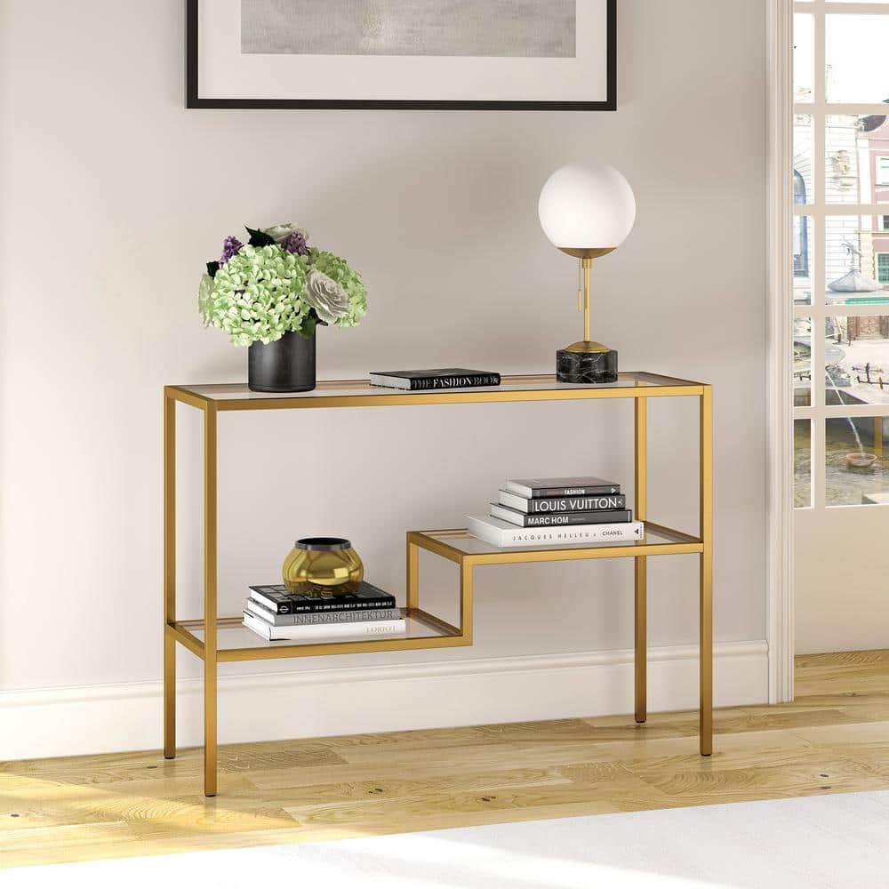 Brass and Glass Console Table with Storage Shelves