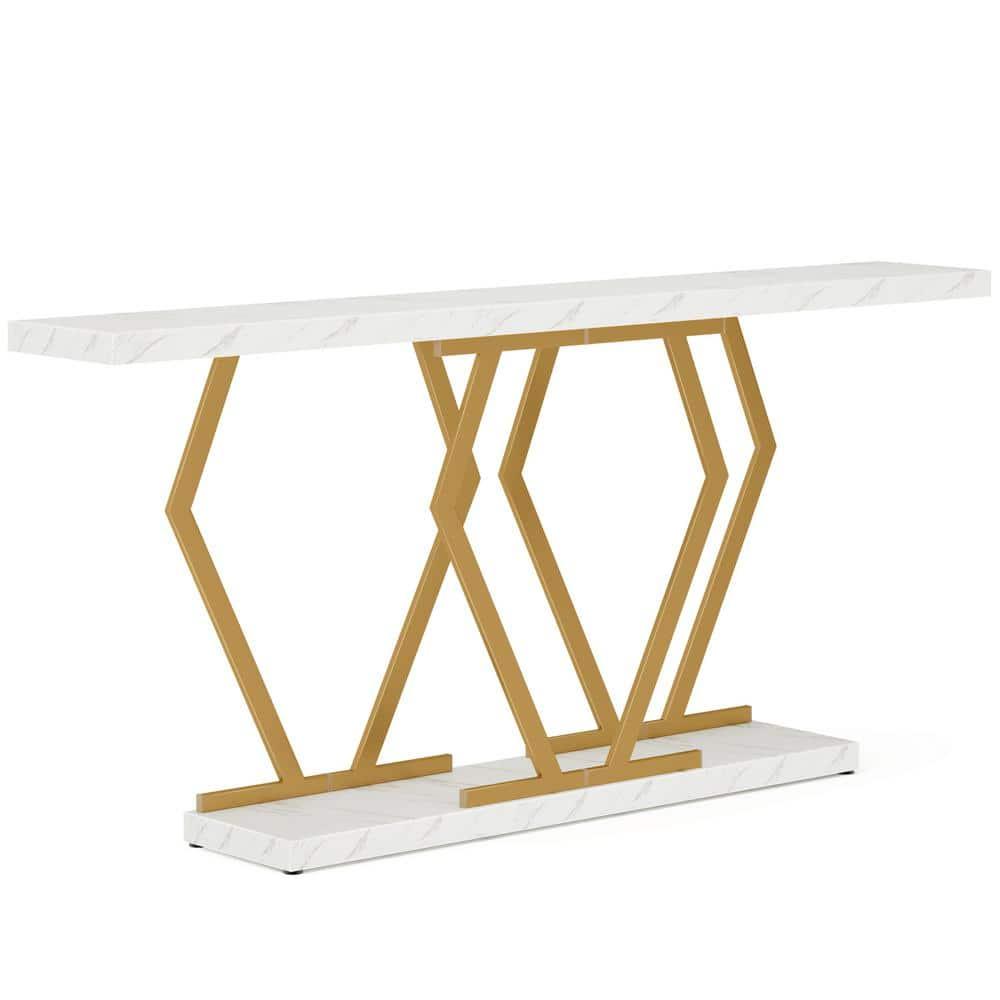 Tribesigns 70.9 Inch Extra Long Sofa Table, Modern Console Table with Faux Marble Tabletop, Long Entryway Table for Entrance, Gold and White