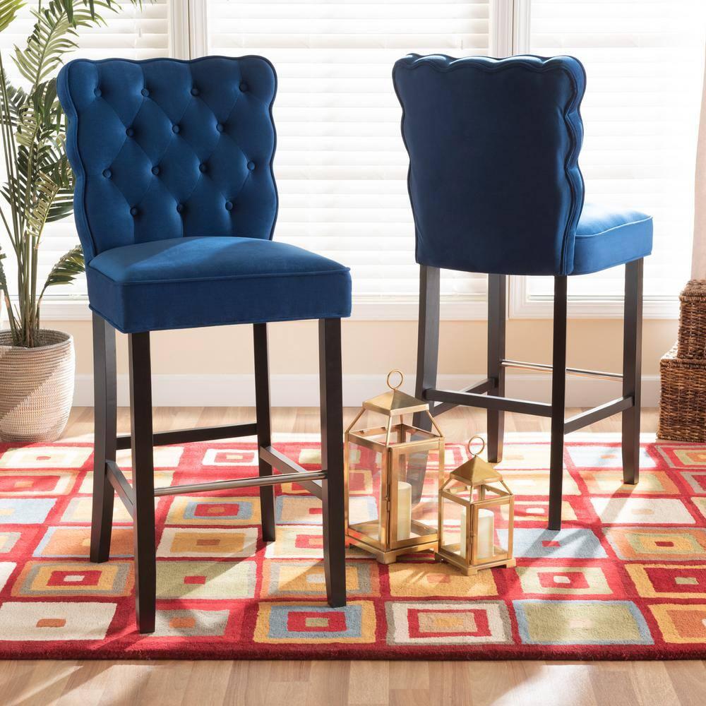 2pc Daphne Velvet Fabric Upholstered and Wood Counter Height Barstool Set Blue/Brown - Baxton Studio: Elegant Polyester Seating