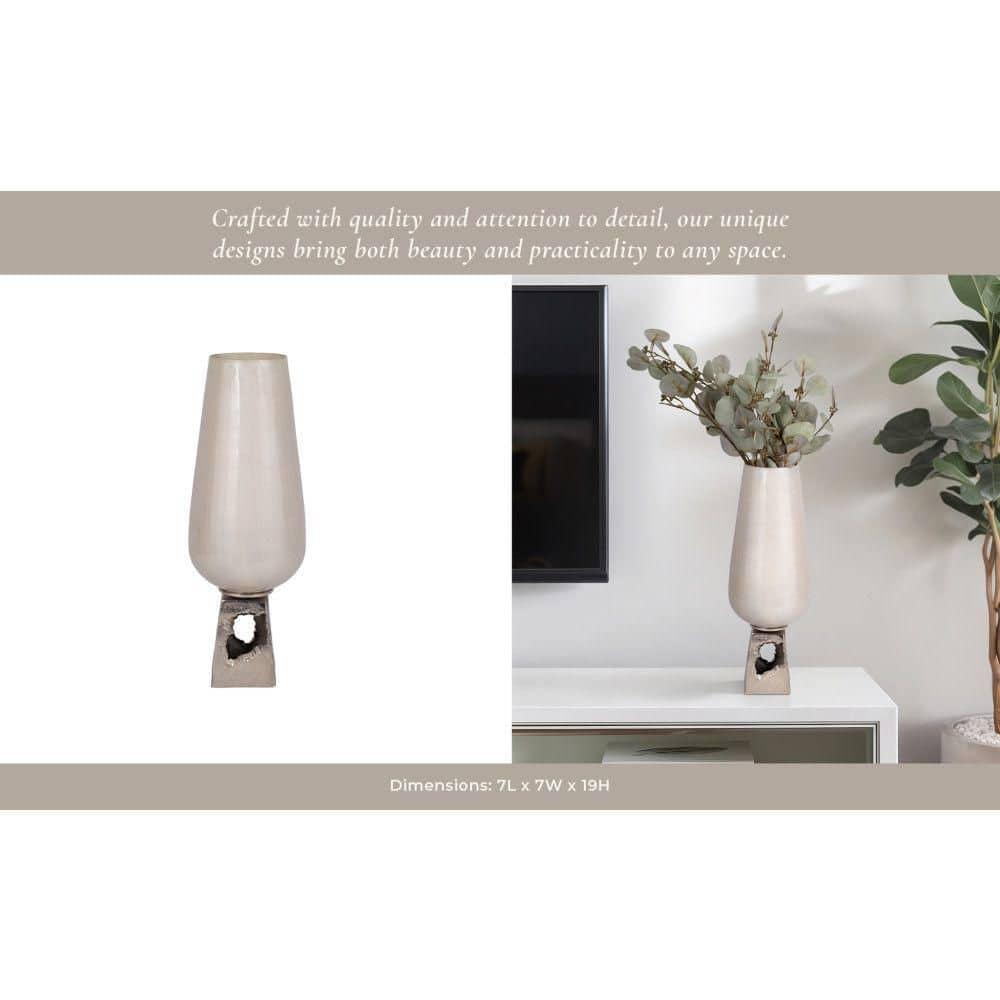 Glass, 19"h Vase with  Metal Base, Pearl White