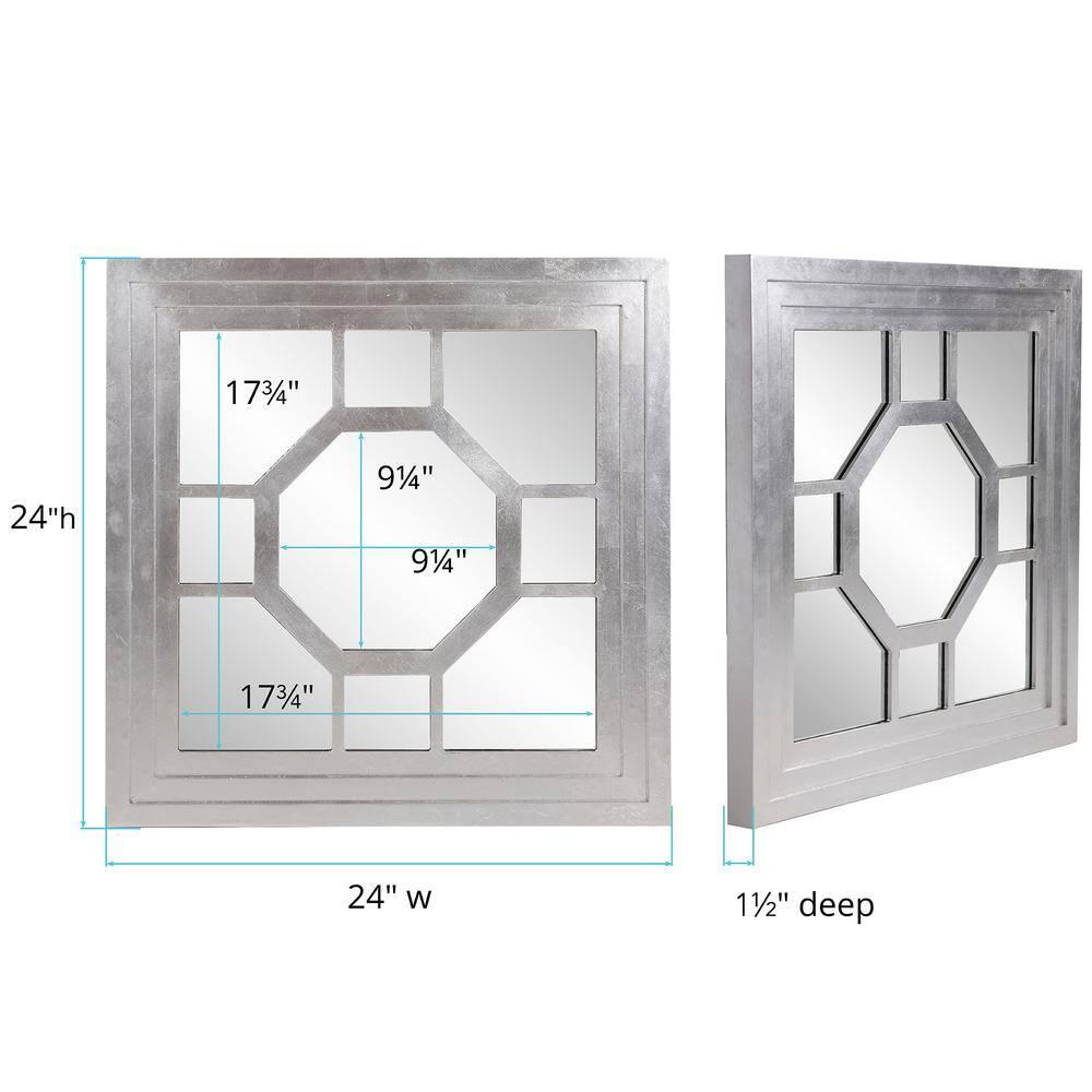 Howard Elliott 24"x24" Square Wood Framed Octagonal Windowpane Accent Mirror: Silver Leaf Finish, Wall Mount, Modern Decor