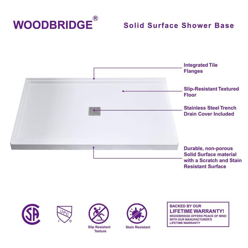 WoodBridge 48" W x 36" Solid Surface Single Threshold Shower Pan Base with Drain Assembly & Drain Cover Included, Non-Slip SBR4836-1000 C