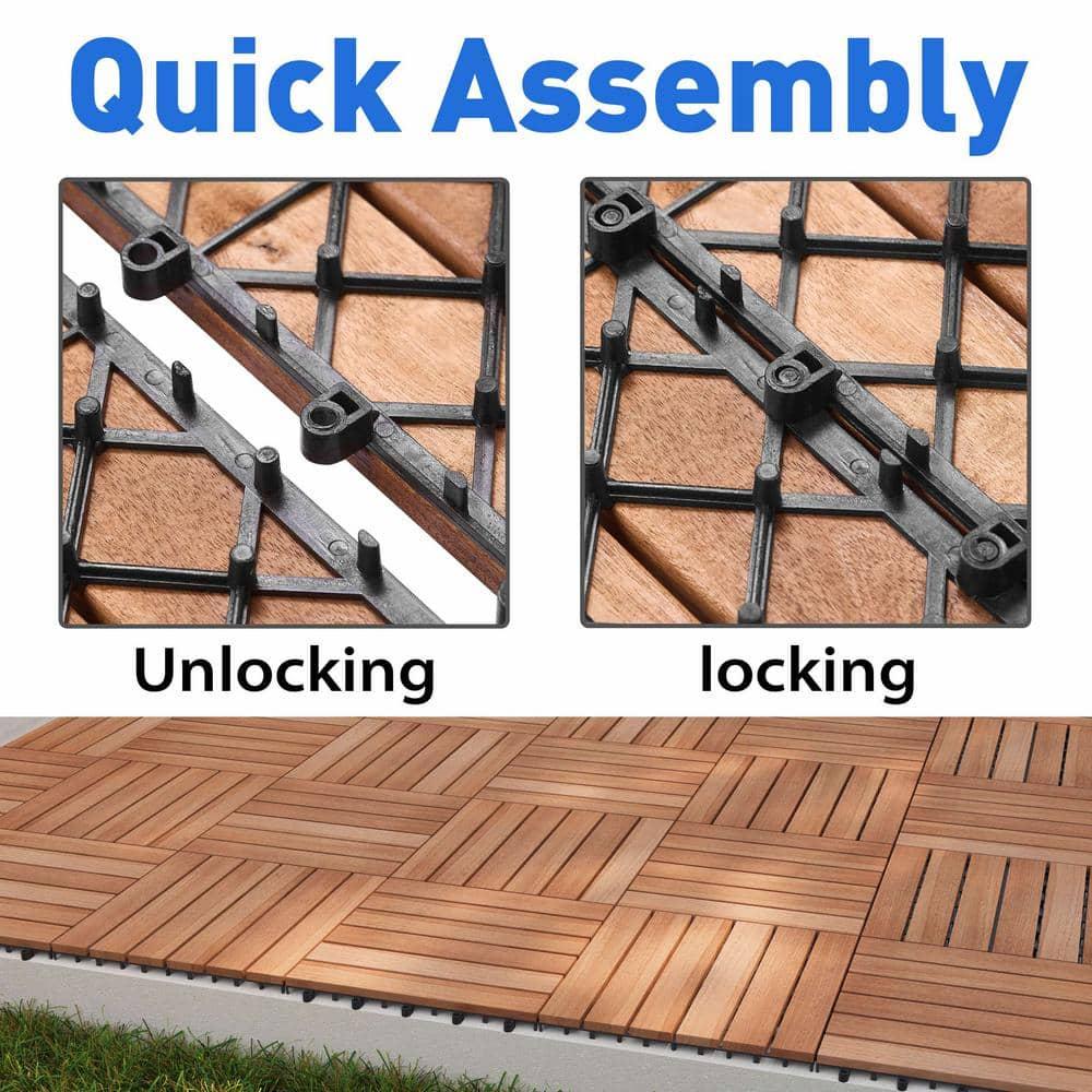 PrimeZone 27 PCS Solid Acacia Wood Interlocking Patio Deck Tiles - 12" x 12" Indoor Outdoor Waterproof Flooring Tiles for Balcony, Backyard, Garden & Poolside, All Weather Use, Brown