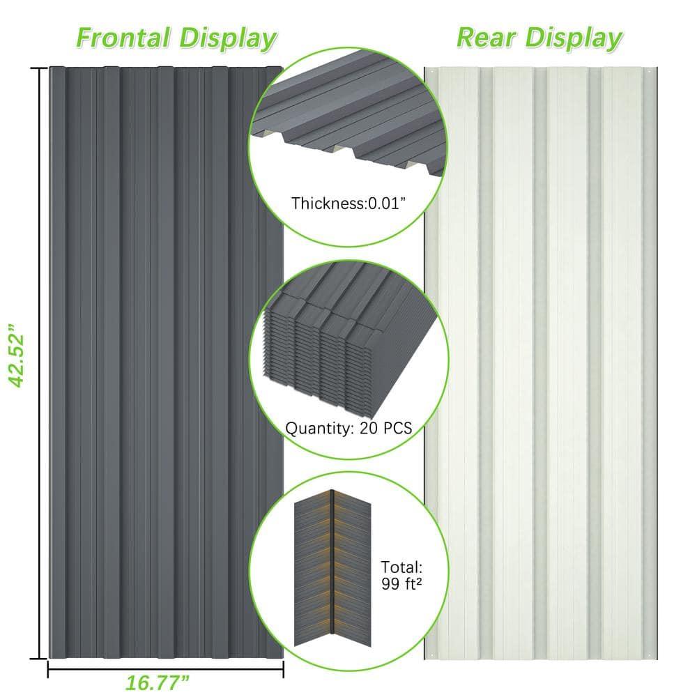 Metal Roof Panels 20 Pcs Roofing Panels Galvanized Steel with Screw Resistant,Versatile and Durable Suitable for Garages,Sheds, Stables and Mobile Homes Gray 99 sq.ft