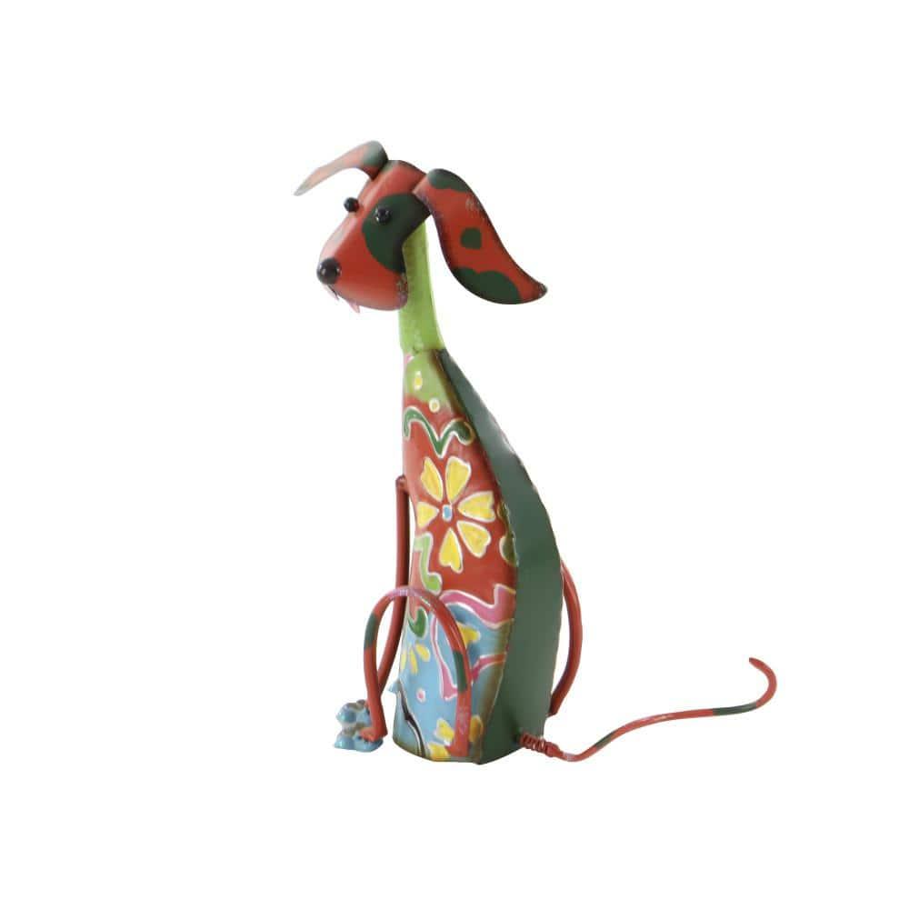DecMode Eclectic Metal Indoor/Outdoor Multi Colored Dog Sculpture with Floral Design, 12"W x 17"H