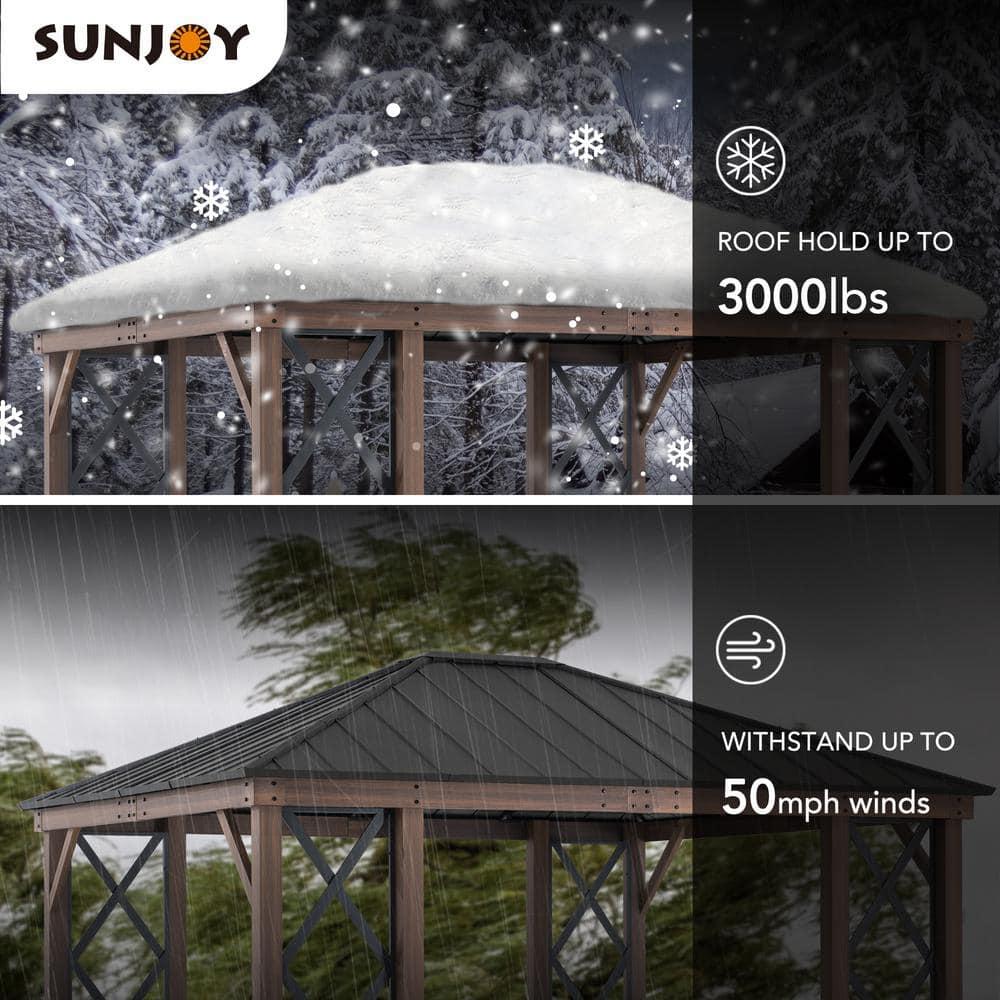Sunjoy 13 ft. x 15 ft. Hardtop Gazebo, Outdoor Black Steel Roof Gazebo Aluminum Framed Gazebo with Planters and Ceiling Hook for Patio, Garden, and Backyard Activities