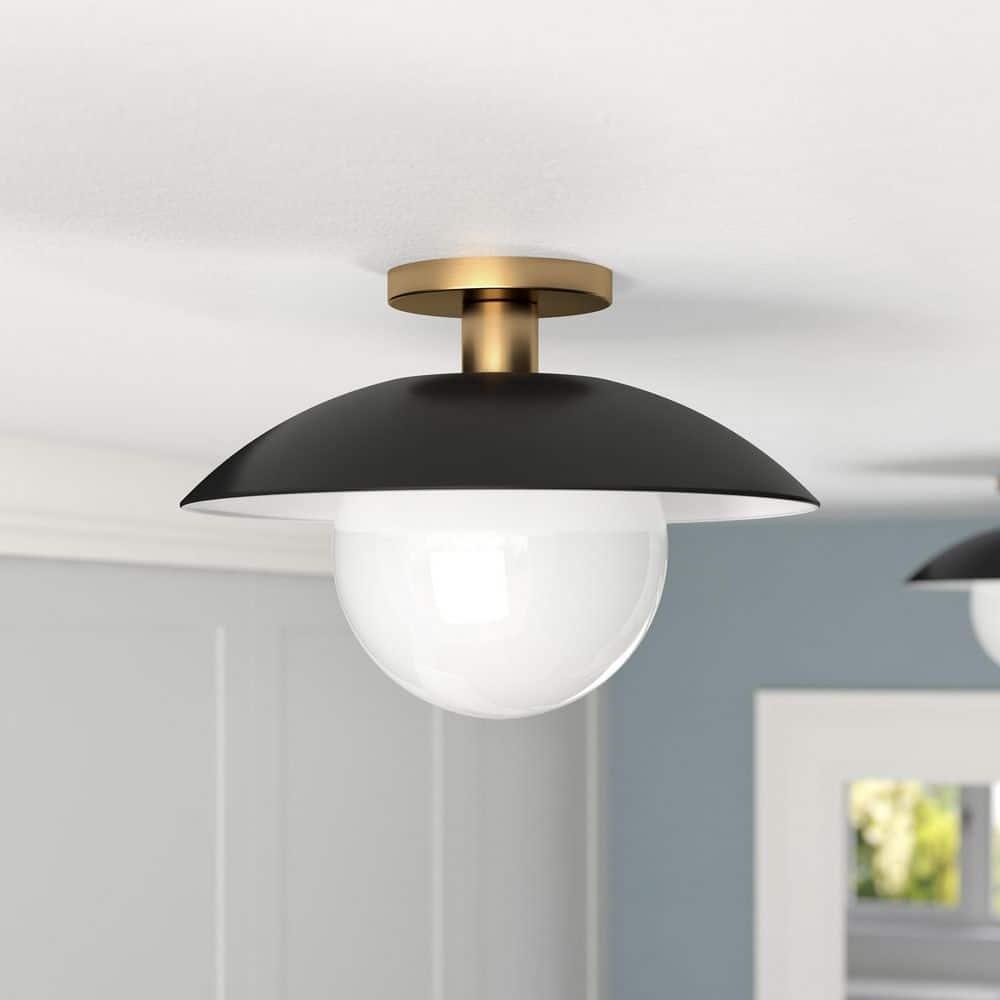 Evelyn&Zoe 14.5" Matte Black/Brass Metal/Glass Semi Flush Mount