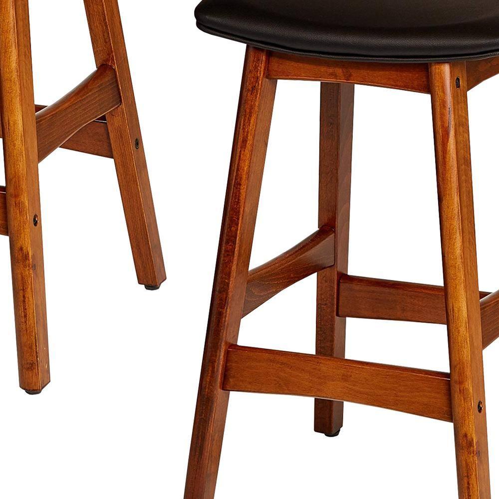 Solid Wood Walnut Finish Counter Height Stools Set Of 2 Matt Black Faux Leather Seat Mid-Century Modern Barstools Kitchen Dining Furniture