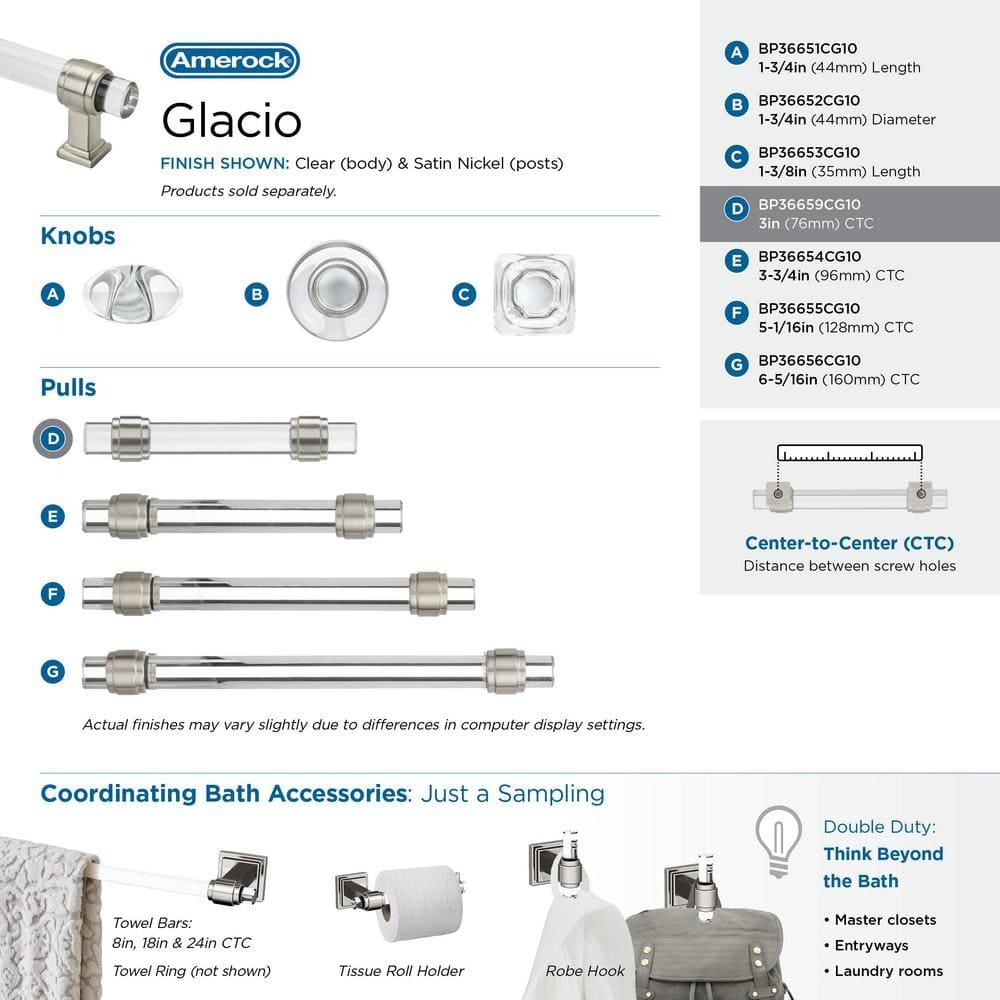 Amerock Glacio 3 inch (76mm) Center-to-Center Clear/Satin Nickel Cabinet Pull