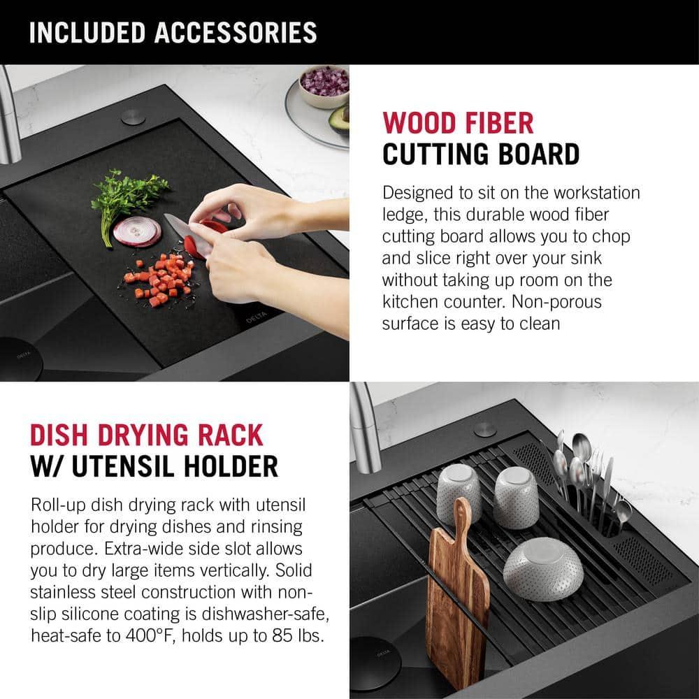 Delta Rivet™ Black Stainless Steel Retrofit Farmhouse Apron Front 16 Gauge Workstation Kitchen Sink Single Bowl