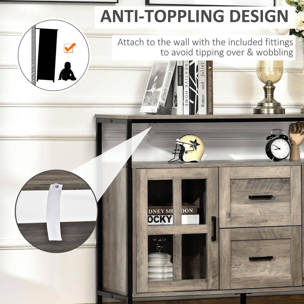 HOMCOM Industrial Sideboard Buffet Cabinet, Kitchen Cabinet, Coffee Bar Cabinet with Adjustable Shelves, Glass Doors, and 2 Drawers for Living Room, Gray