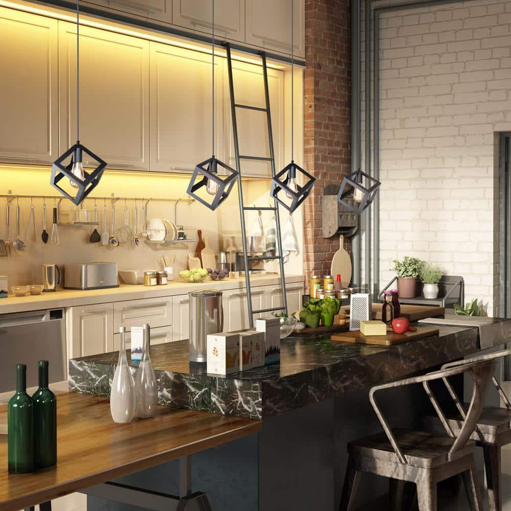 1-Light Matte Black Modern/Contemporary Geometric LED Mini Kitchen Island Light, Kitchen Island Chandeliers Light for Dining Room, Kitchen Island, Bedroom