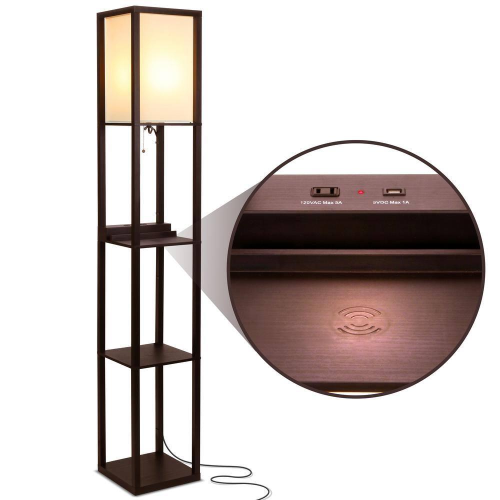 Brightech Maxwell 63 in. 3-Shelf Modern USB and Wireless Charging LED Floor Lamp with Fabric Square Shade